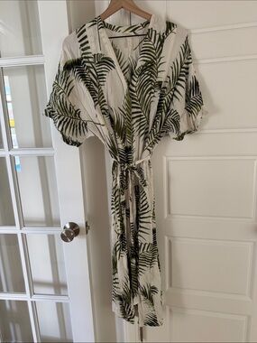 H&M White Maxi Dress with Green Palm Print